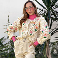 Long Sleeve Button Up Crochet Floral Cardigan - Apricot