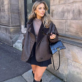 Notch Collar Button Up Long Sleeve Faux Suede Shearling Coat - Coffee