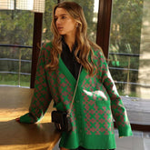 Print V Neck Button Up Long Sleeve Ribbed Cardigan - Pink Green