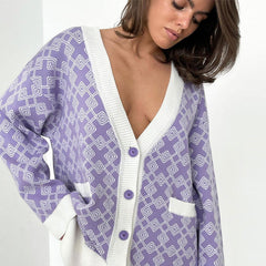 Print V Neck Button Up Long Sleeve Ribbed Cardigan - Purple