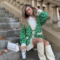 Print V Neck Button Up Long Sleeve Ribbed Cardigan - Green