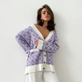 Print V Neck Button Up Long Sleeve Ribbed Cardigan - Purple