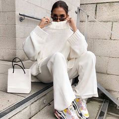 Mock Neck Drop Shoulder Long Sleeve Sweater - White