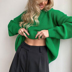Candy Color Crewneck Pullover Sweater - Green