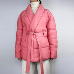 Pufferjacke mit Schalkragen und langen Ärmeln und Gürtel - Korallenrosa