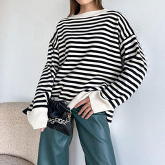 Striped Crew Neck Drop Shoulder Long Sleeve Sweater - Stripe