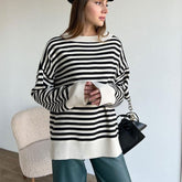 Striped Crew Neck Drop Shoulder Long Sleeve Sweater - Stripe