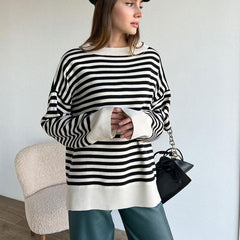 Striped Crew Neck Drop Shoulder Long Sleeve Sweater - Stripe