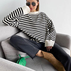 Striped Crew Neck Drop Shoulder Long Sleeve Sweater - Stripe