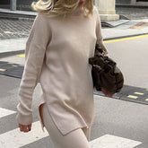 Long Sleeve Slit Trim Pullover Sweater - Apricot