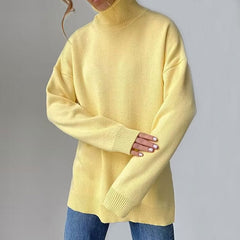 Long Sleeve Slit Trim Pullover Sweater - Yellow