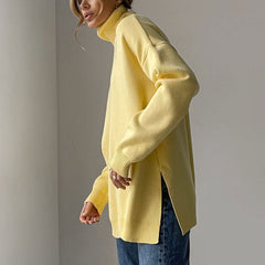 Long Sleeve Slit Trim Pullover Sweater - Yellow