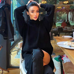 Conjunto de jersey con falda midi y abertura alta a juego - Negro