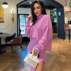 Conjunto de jersey con falda midi y abertura alta a juego - Rosa