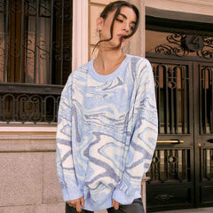 Print Ribbed Long Sleeve Pullover Sweater - Blue