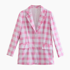Conjunto de blazer de manga larga con estampado de cuadros y minifalda plisada a juego - Rosa