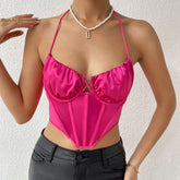 Polished Ruched Sweetheart Satin Crop Corset Top - Rose