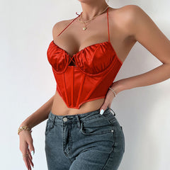 Polished Ruched Sweetheart Satin Crop Corset Top - Orange Red