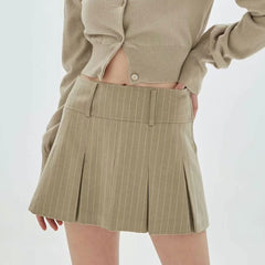 Stripe Print High Waist Pleated Mini Skirt - Khaki