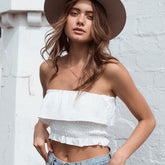 Bonita blusa corta fruncida con escote cuadrado y tirantes anudados - Blanco