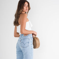 Bonita blusa corta fruncida con escote cuadrado y tirantes anudados - Blanco