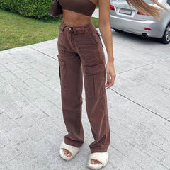 Vaqueros rectos de cintura media con bolsillos con solapa - Café