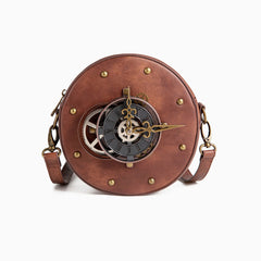 Zip Top Clock Trim Round Crossbody Bag - Brown