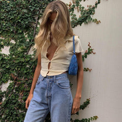 Collared Short Sleeve Button Up Crop Top - Beige