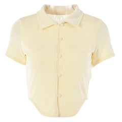 Collared Short Sleeve Button Up Crop Top - Beige