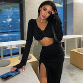 Conjunto de falda midi con abertura y cintura alta con escote en V y manga larga acanalada - Negro