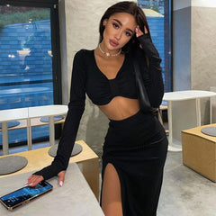 Conjunto de falda midi con abertura y cintura alta con escote en V y manga larga acanalada - Negro