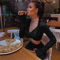 Conjunto de falda midi con abertura y cintura alta con escote en V y manga larga acanalada - Negro