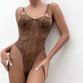 Bustier-Bodysuit mit Blumenspitze und Camisole-Ausschnitt - Braun