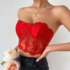 Embroidered Sheer Tulle Crop Corset Tube Top - Red