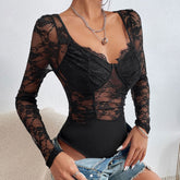 Body atrevido de encaje floral transparente de manga larga con escote de pestaña - Negro