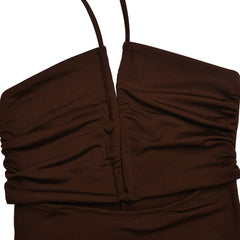 Vestido largo de fiesta con escote halter fruncido y abertura alta cruzada en la parte delantera - Marrón