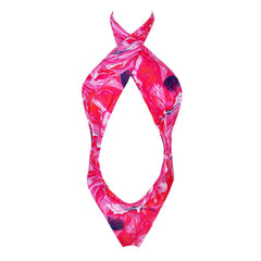 Traje de baño de una pieza con abertura en la espalda y pierna alta con estampado - Rosa