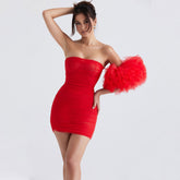 Minivestido de fiesta ajustado con hombros descubiertos y mangas abullonadas de malla fruncida - Rojo