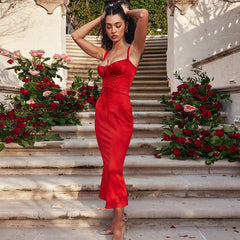 Satin Fischschwanz Gerafftes Korsett Party Midikleid Mit Schnürung - Rot