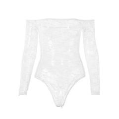 Schulterfreier Bodysuit mit Blumenmuster und langen Ärmeln aus transparenter Spitze - Weiß