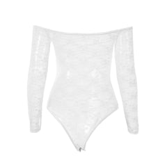 Schulterfreier Bodysuit mit Blumenmuster und langen Ärmeln aus transparenter Spitze - Weiß