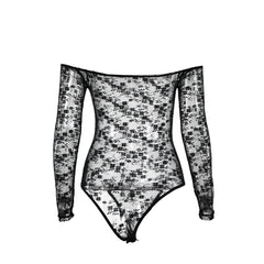 Schulterfreier Bodysuit mit Blumenmuster und langen Ärmeln aus transparenter Spitze - Schwarz