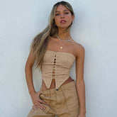 Curved Hem Strapless Lace Up Cropped Top - Khaki