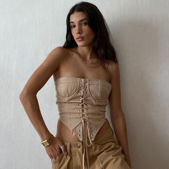 Trägerloses Crop Top mit Schnürung und abgerundetem Saum - Khaki