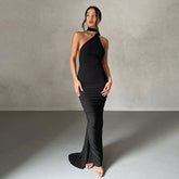 Rückenfreies Maxi-Abendkleid mit One-Shoulder-Träger und Rüschen - Schwarz