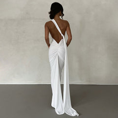 Rückenfreies Maxi-Abendkleid mit One-Shoulder-Träger und Rüschen - Schwarz