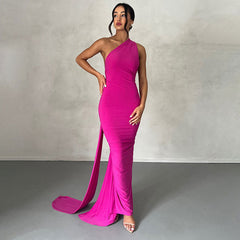 Einschultriges, gerüschtes, rückenfreies Maxi-Abendkleid - Hot Pink