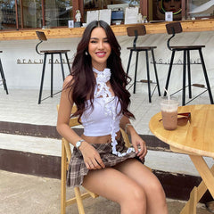 Ribbed 3D Flower Lettuce Detail Crop Top - White