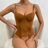 Vertical Striped High Leg Bodysuit - Coffee
