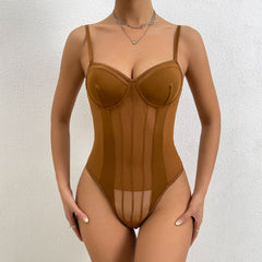 Vertical Striped High Leg Bodysuit - Coffee